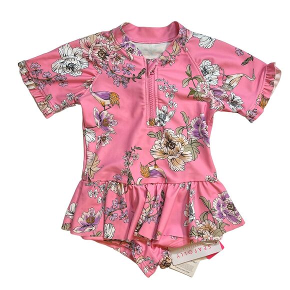 Seafolly Pink Floral Short Sleeve Boyleg Tank Size 2
